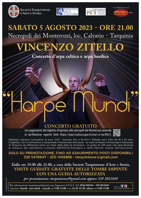 5 agosto ore 21:00 appuntamento a Tarquinia per l'esibizione di Vincenzo Zitello, tra gli arpisti più importanti a livello internazionale 