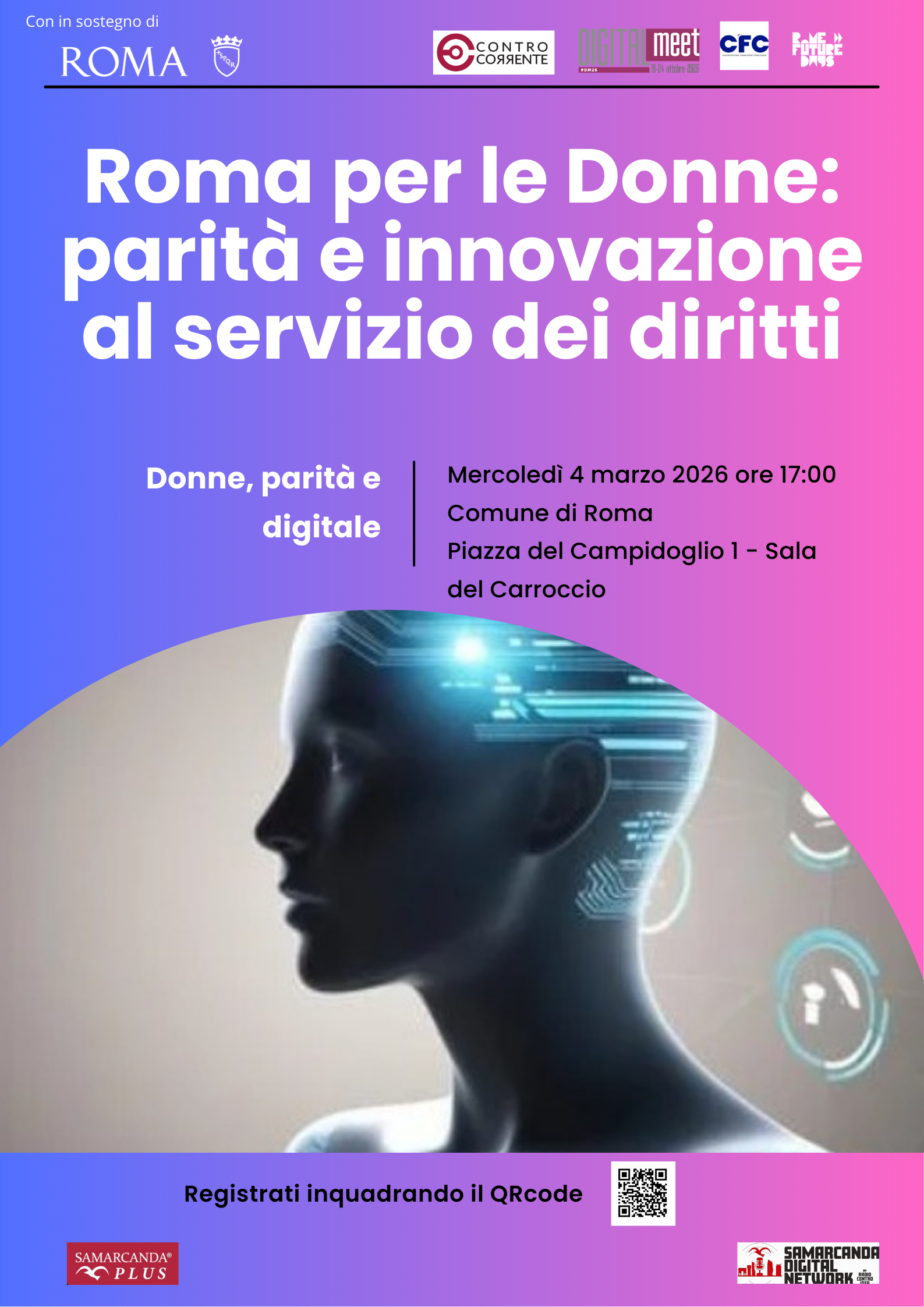 Locandina evento Roma per le Donne 4 marzo 2026 Campidoglio parità digitale