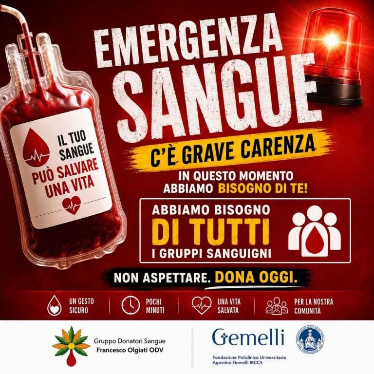 Roma, emergenza sangue al Gemelli, appello a tutti i gruppi sanguigni