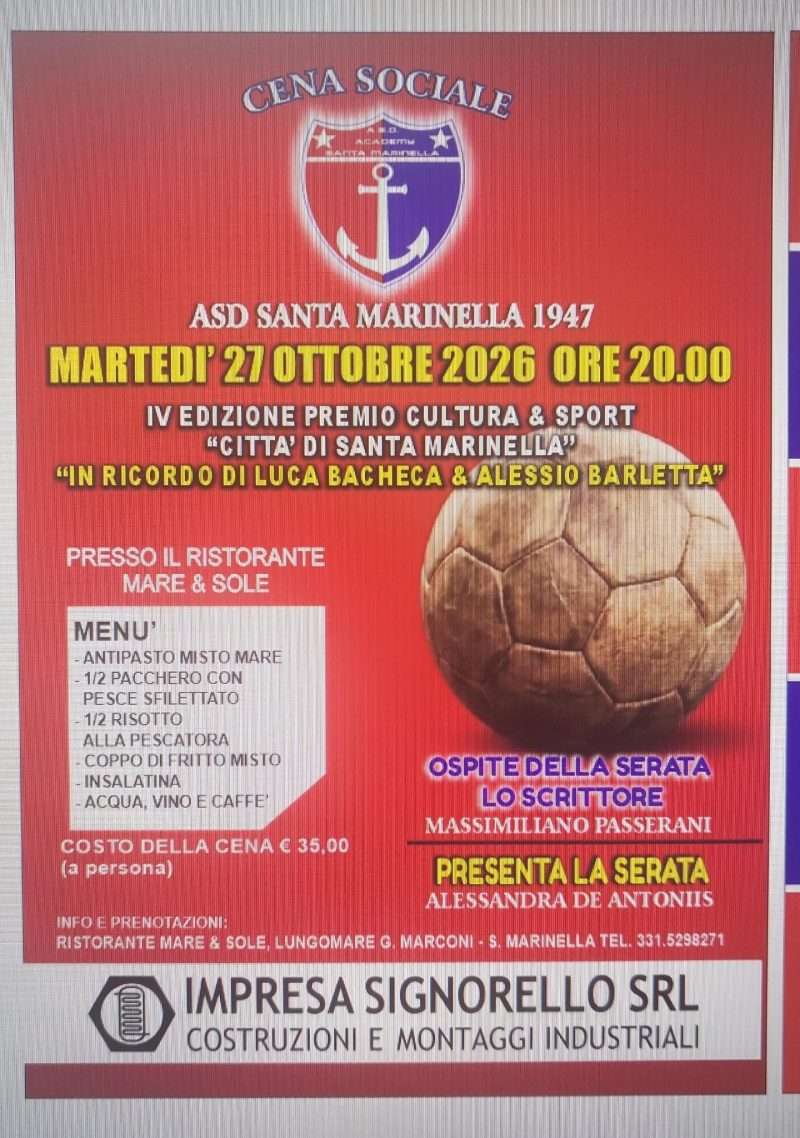 Santa Marinella Calcio, il 27 ottobre la grande cena rossoblù: sport, memoria e solidarietà per sostenere la società